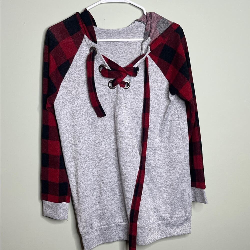 Grey and Plaid Hooded top small